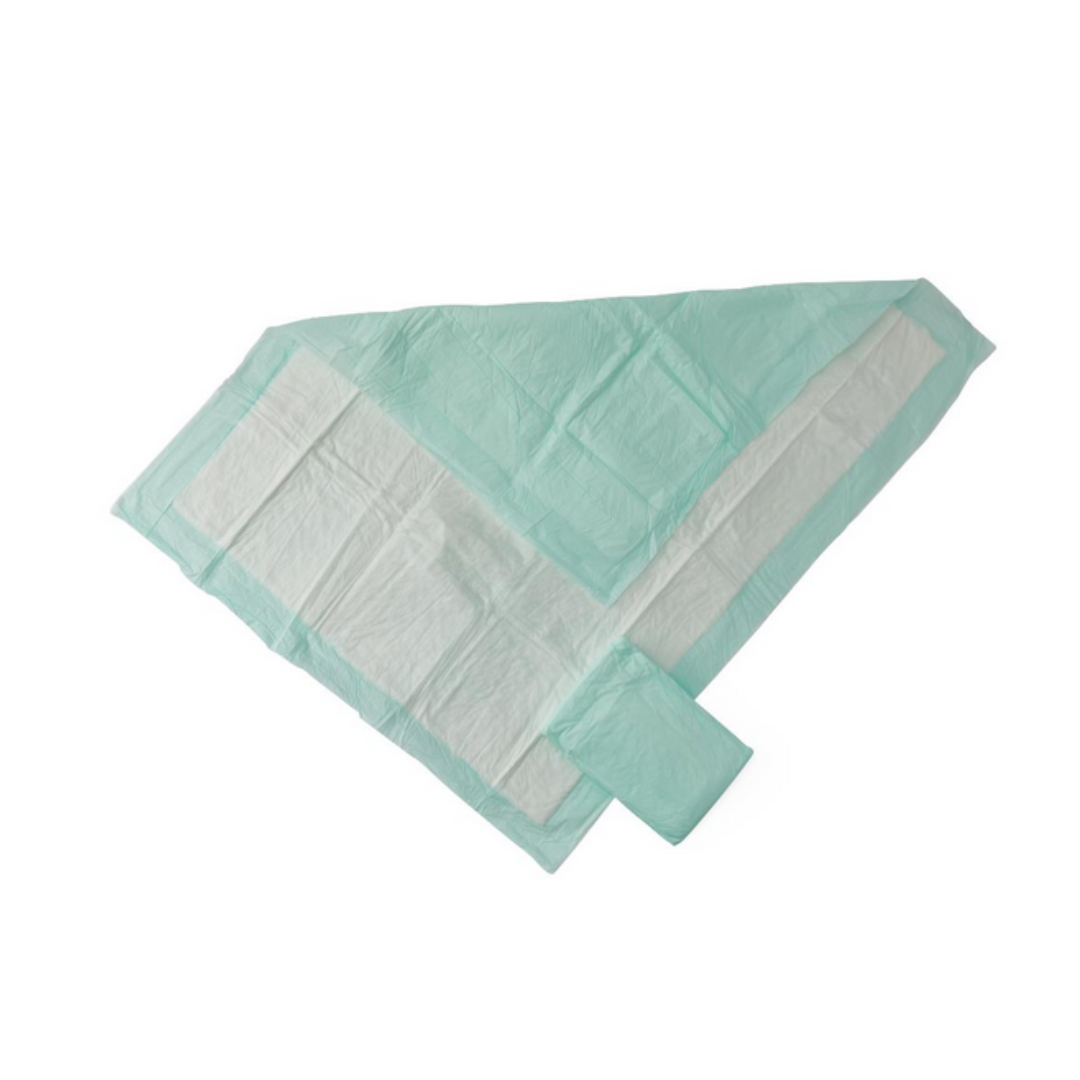 The Medline Disposable Fluff and Polymer Underpads - Heavy Absorbency boasts a teal and white design with absorbent layers and durable plastic backing, ensuring impressive moisture protection to keep surfaces dry.